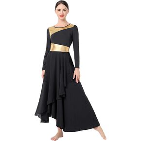 IMEKIS Women Metallic Gold Liturgical Praise Dance Dress Chiffon Long Sleeve Lyrical Dancewear Church Worship Outfit