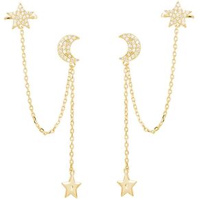 SLUYNZ 925 Sterling Silver Cuff Earrings Chain for Women Asymmetric Star Moon Earrings Crawler Earrings Dangling Chain in Saudi Arabia