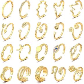 TOSGMY 20 قطعة خواتم قابلة للتعديل للنساء للصيف والشاطئ مجموعة حلقات مفتوحة الذيل مجموعة خواتم ذهبية لأصابع القدم مجوهرات فضية عين الشر زهرة سهم ثعبان in Kuwait
