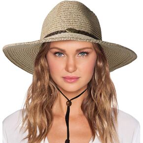 Womens Straw Sun Hat Classic Flat Beach Hat Mens Garden Hat Cowboy Style Hat with Wind Lanyard UPF 50+ Summer Hat in Kuwait