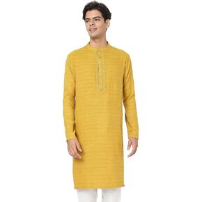 In-Sattva Men's Indian Embroidered Dobby Textured Woven Long Kurta Tunic in Kuwait