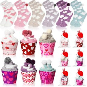 ShinyMatch 6 Pair Valentine's Day Cupcake Socks Fuzzy Socks Gift with Cupcake Card Cute DIY Present Socks Gift for Women Men in Kuwait