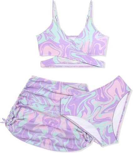 Girls Swimsuits 3 Piece Bathing Suit Allover Printed Criss Cross Bikini Set with Cover Up Skirt Beach Swimwear 7-14 Years in Saudi Arabia
