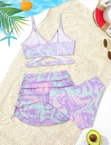 Girls Swimsuits 3 Piece Bathing Suit Allover Printed Criss Cross Bikini Set with Cover Up Skirt Beach Swimwear 7-14 Years in Saudi Arabia