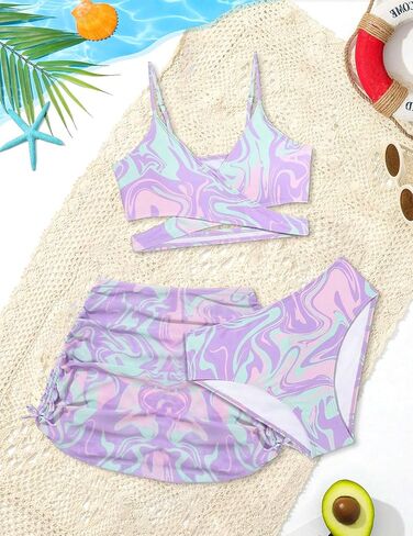 Girls Swimsuits 3 Piece Bathing Suit Allover Printed Criss Cross Bikini Set with Cover Up Skirt Beach Swimwear 7-14 Years in Saudi Arabia