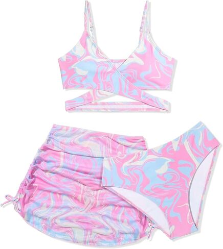 Girls Swimsuits 3 Piece Bathing Suit Allover Printed Criss Cross Bikini Set with Cover Up Skirt Beach Swimwear 7-14 Years in Saudi Arabia