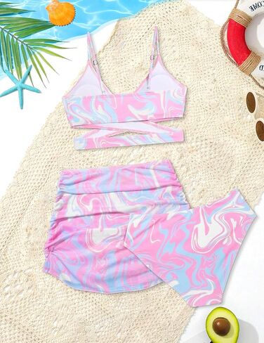 Girls Swimsuits 3 Piece Bathing Suit Allover Printed Criss Cross Bikini Set with Cover Up Skirt Beach Swimwear 7-14 Years in Saudi Arabia