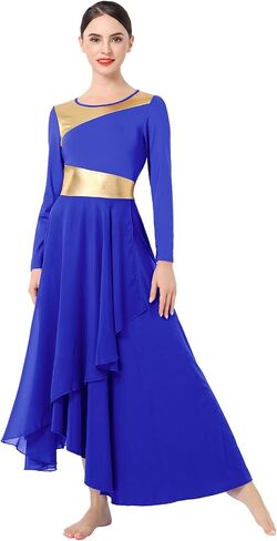 IMEKIS Women Metallic Gold Liturgical Praise Dance Dress Chiffon Long Sleeve Lyrical Dancewear Church Worship Outfit in Saudi Arabia