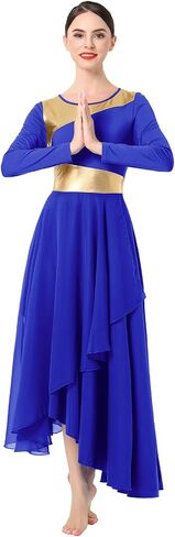 IMEKIS Women Metallic Gold Liturgical Praise Dance Dress Chiffon Long Sleeve Lyrical Dancewear Church Worship Outfit in Saudi Arabia