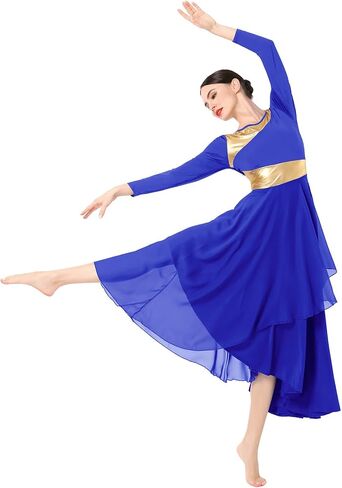 IMEKIS Women Metallic Gold Liturgical Praise Dance Dress Chiffon Long Sleeve Lyrical Dancewear Church Worship Outfit in Saudi Arabia