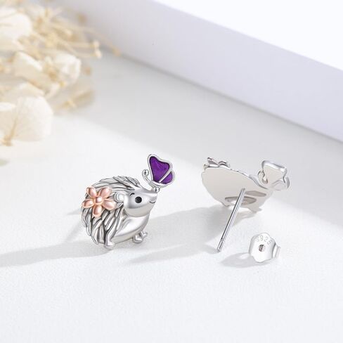 Hedgehog Earrings 925 Sterling Silver Cute Hedgehog Stud Earrings with Butterfly Earrings Hypoallergenic Post Stud Small Animal Hedgehog jewelry for women girls in Saudi Arabia