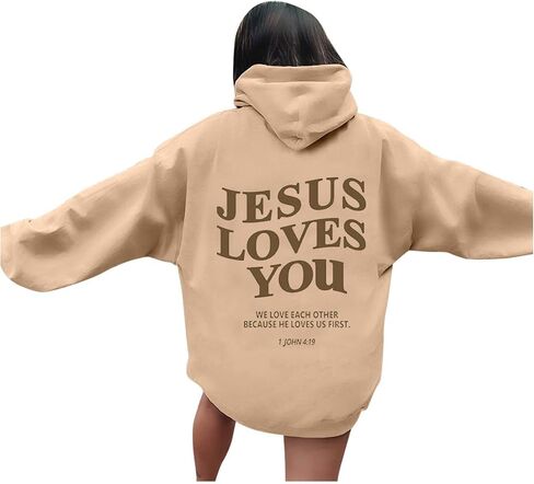 سويت شيرت بغطاء للرأس للنساء من Jesus Loves You، كنزة صوفية كاجوال بأكمام طويلة وطباعة الإيمان المسيحي فوق الخوف in Saudi Arabia