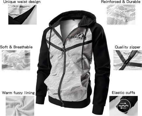 LAIWANG Men's Color Block Hoodie-Full Zip Ultimate Heavyweight Fleece Hoodie-Camo zip up hoodie With Kanga Pocket in Kuwait