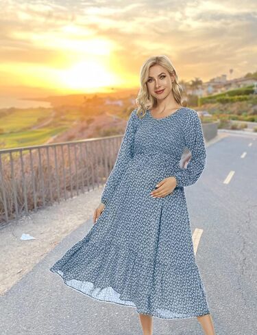 الجوروكسو فستان امومة من الشيفون والدانتيل بتصميم زهور لحفلات استقبال المولود، فستان رسمي 3/4 كم بقصة ايه لاين بخصر امبراطوري للحفلات in Kuwait