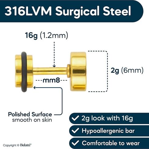 Belatti قطعتان من سدادات وهمية من الفولاذ الجراحي - مجوهرات ثقب الأذن بمقاييس زائفة - سدادات شحمة قابلة للتمدد وهمية أنفاق اللحم (اختر اللون) in Kuwait