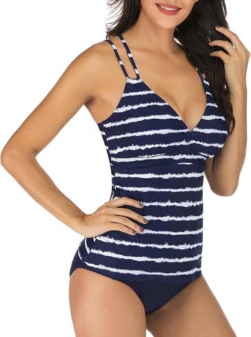 Vogueric Womens Criss Cross Strap Back Tankini Set V-Neck Top with Cutout Bikini Bottom 2 Piece Bathing Suit in Kuwait