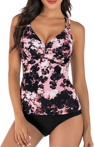 Vogueric Womens Criss Cross Strap Back Tankini Set V-Neck Top with Cutout Bikini Bottom 2 Piece Bathing Suit in Kuwait