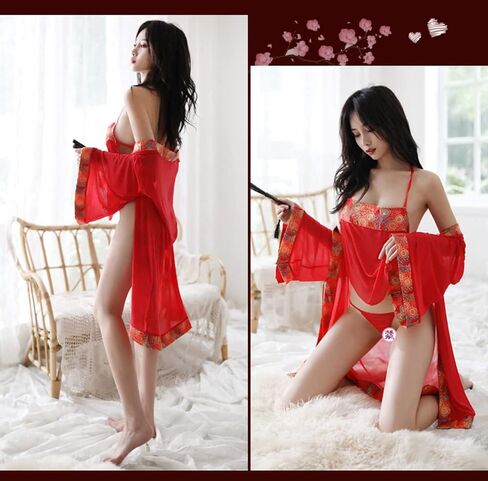 SINROYEE Women Kimono Robe Floral Lace Babydoll Lingerie Sheer Mesh Nightgown Lace 3 Piece Pajama Set in Saudi Arabia