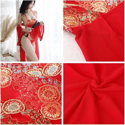 SINROYEE Women Kimono Robe Floral Lace Babydoll Lingerie Sheer Mesh Nightgown Lace 3 Piece Pajama Set in Saudi Arabia