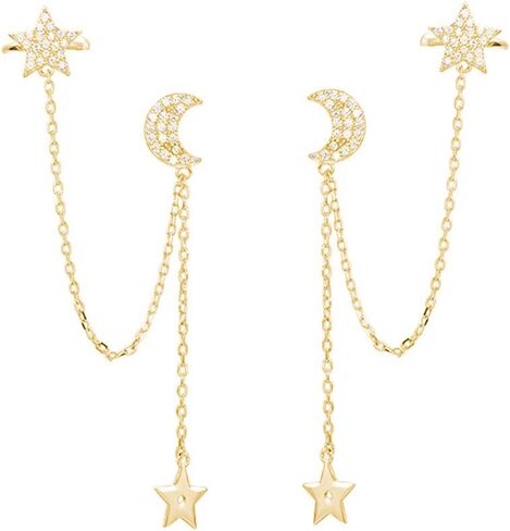 SLUYNZ 925 Sterling Silver Cuff Earrings Chain for Women Asymmetric Star Moon Earrings Crawler Earrings Dangling Chain in Saudi Arabia