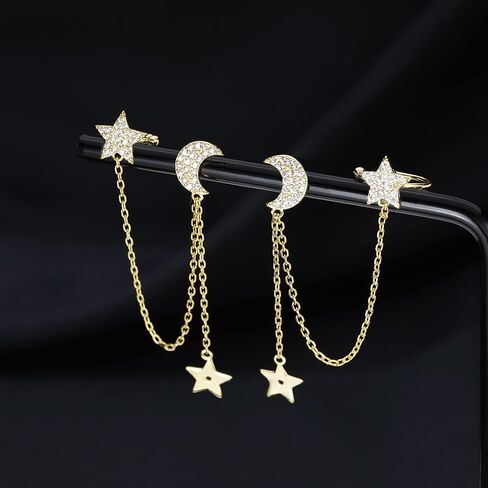 SLUYNZ 925 Sterling Silver Cuff Earrings Chain for Women Asymmetric Star Moon Earrings Crawler Earrings Dangling Chain in Saudi Arabia