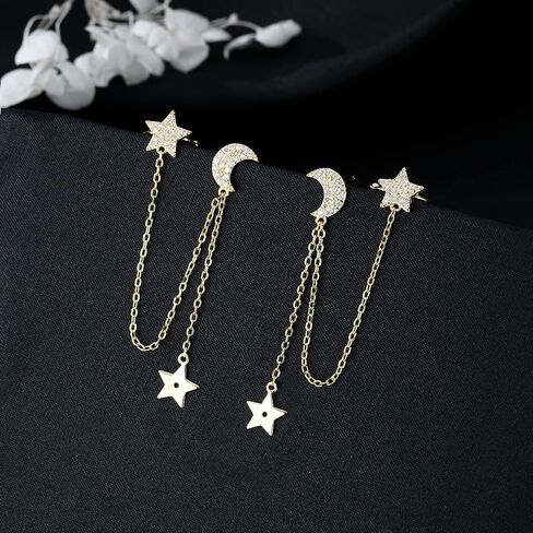 SLUYNZ 925 Sterling Silver Cuff Earrings Chain for Women Asymmetric Star Moon Earrings Crawler Earrings Dangling Chain in Saudi Arabia
