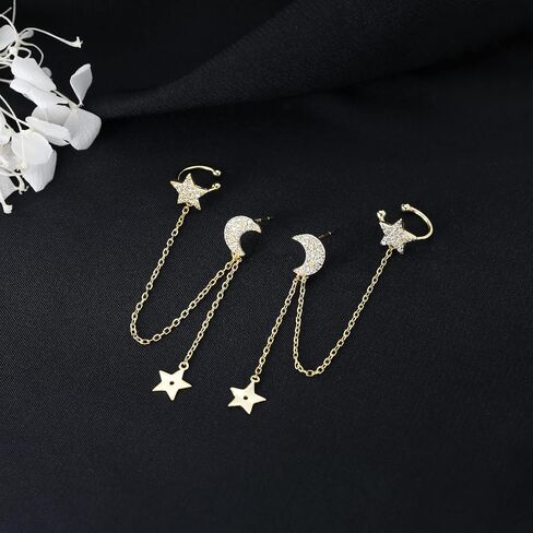 SLUYNZ 925 Sterling Silver Cuff Earrings Chain for Women Asymmetric Star Moon Earrings Crawler Earrings Dangling Chain in Saudi Arabia