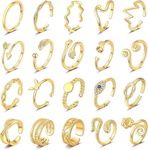 TOSGMY 20 قطعة خواتم قابلة للتعديل للنساء للصيف والشاطئ مجموعة حلقات مفتوحة الذيل مجموعة خواتم ذهبية لأصابع القدم مجوهرات فضية عين الشر زهرة سهم ثعبان in Kuwait