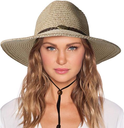 Womens Straw Sun Hat Classic Flat Beach Hat Mens Garden Hat Cowboy Style Hat with Wind Lanyard UPF 50+ Summer Hat in Kuwait