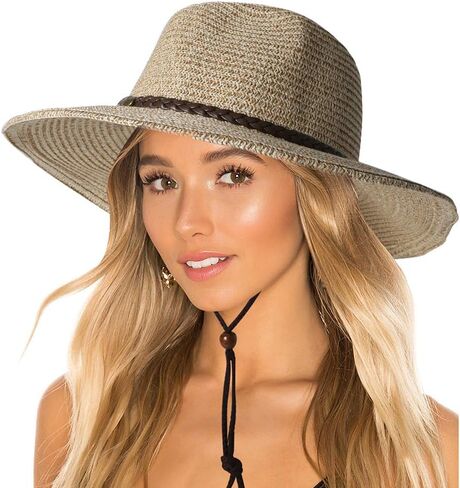 Womens Straw Sun Hat Classic Flat Beach Hat Mens Garden Hat Cowboy Style Hat with Wind Lanyard UPF 50+ Summer Hat in Kuwait