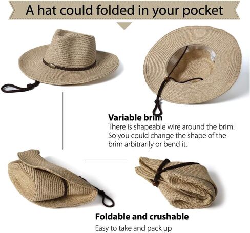 Womens Straw Sun Hat Classic Flat Beach Hat Mens Garden Hat Cowboy Style Hat with Wind Lanyard UPF 50+ Summer Hat in Kuwait