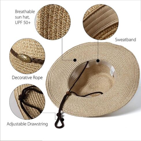 Womens Straw Sun Hat Classic Flat Beach Hat Mens Garden Hat Cowboy Style Hat with Wind Lanyard UPF 50+ Summer Hat in Kuwait