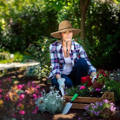 Womens Straw Sun Hat Classic Flat Beach Hat Mens Garden Hat Cowboy Style Hat with Wind Lanyard UPF 50+ Summer Hat in Kuwait