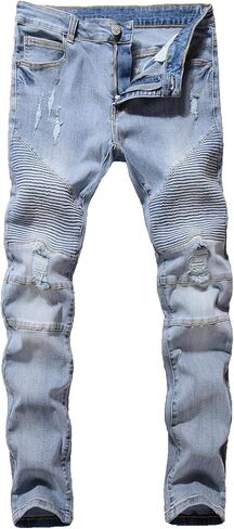 ZLZ Black Biker Jeans for Men Slim Fit, Men's Comfy Stretch Ripped Distressed Biker Jeans Pants Rock Revival, Designer Jeans in Saudi Arabia