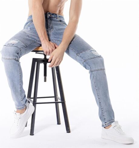 ZLZ Black Biker Jeans for Men Slim Fit, Men's Comfy Stretch Ripped Distressed Biker Jeans Pants Rock Revival, Designer Jeans in Saudi Arabia