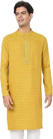 In-Sattva Men's Indian Embroidered Dobby Textured Woven Long Kurta Tunic in Kuwait