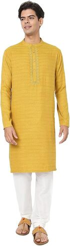 In-Sattva Men's Indian Embroidered Dobby Textured Woven Long Kurta Tunic in Kuwait