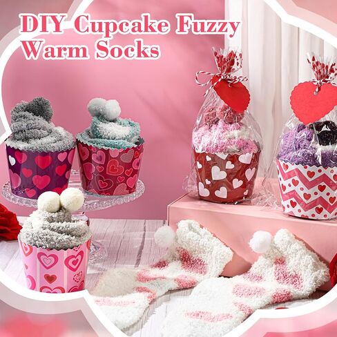 ShinyMatch 6 Pair Valentine's Day Cupcake Socks Fuzzy Socks Gift with Cupcake Card Cute DIY Present Socks Gift for Women Men in Kuwait
