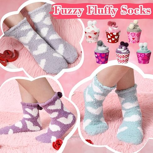 ShinyMatch 6 Pair Valentine's Day Cupcake Socks Fuzzy Socks Gift with Cupcake Card Cute DIY Present Socks Gift for Women Men in Kuwait