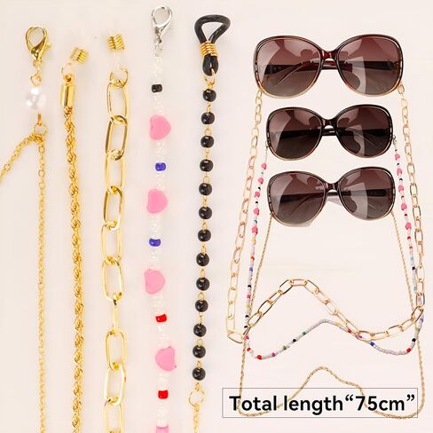 Pangogogo Crystal Pearls Gemstones Anti-slip Eyeglasses Chain Mouthpiece Face 5 Pieces in Kuwait
