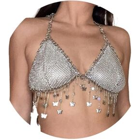 Florry Sexy Rhinestone Body Chain Bra Crsystal Bikini Top Sparkly Bra Chain Body Jewlery for Women and Girls