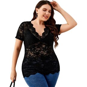 OYOANGLE Women's Plus Size Short Sleeve Floral Lace Blouse Mesh V Neck Slim Tee Shirt Top