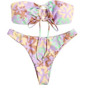 MakeMeChic Women's 2 Pieces Bandeau Swimsuits Tie Front High Cut Bikini Bathing Suit