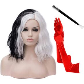 QACCF Short Black Flip Out Bob Women Halloween Costume Linda Wig + Red Glasses (No Bang)