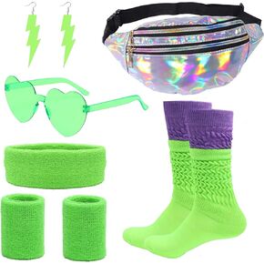 FIRAZIO 80s Women Neon Extra Long Heavy Slouch Socks Set Holographic Fanny Pack Wristbands Headband for Yoga Running Hiking