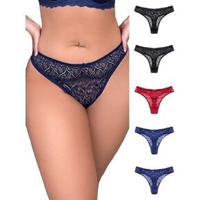 WDIRARA Women's Plus Size 5 Packs Lace High Waisted Thong See Through Panty Underwear