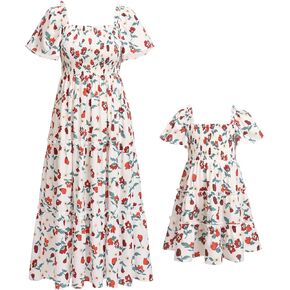 Mommy and Me Dresses Sleeveless Spaghetti Shoulder Straps Plaid Floral Midi Dress Beach Boho Mom Daughter Matching Outfits