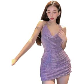 Suillty Women's Sexy Glitter Rhinestone Spaghetti Strap Mini Dress Low-Neck Sleeveless Backless Party Club Bodycon Dress