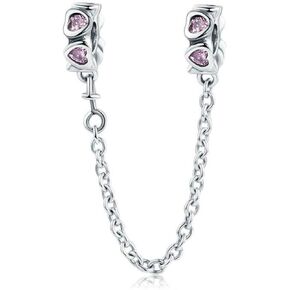 925 Sterling Silver Safety Chain Charm Bead Love Heart Flower Snowflake Bow Clear CZ Crystal Stopper Lock Clip Beads Women DIY Jewelry Fits Bracelet or European Snake Chain Charms (C)