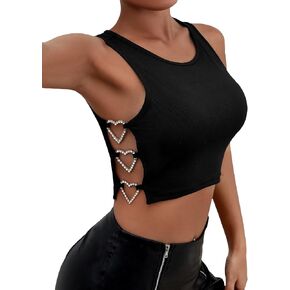 Floerns Women's Casual Solid Sleeveless Scoop Neck Heart Ring Detail Rib Knit Crop Tank Top